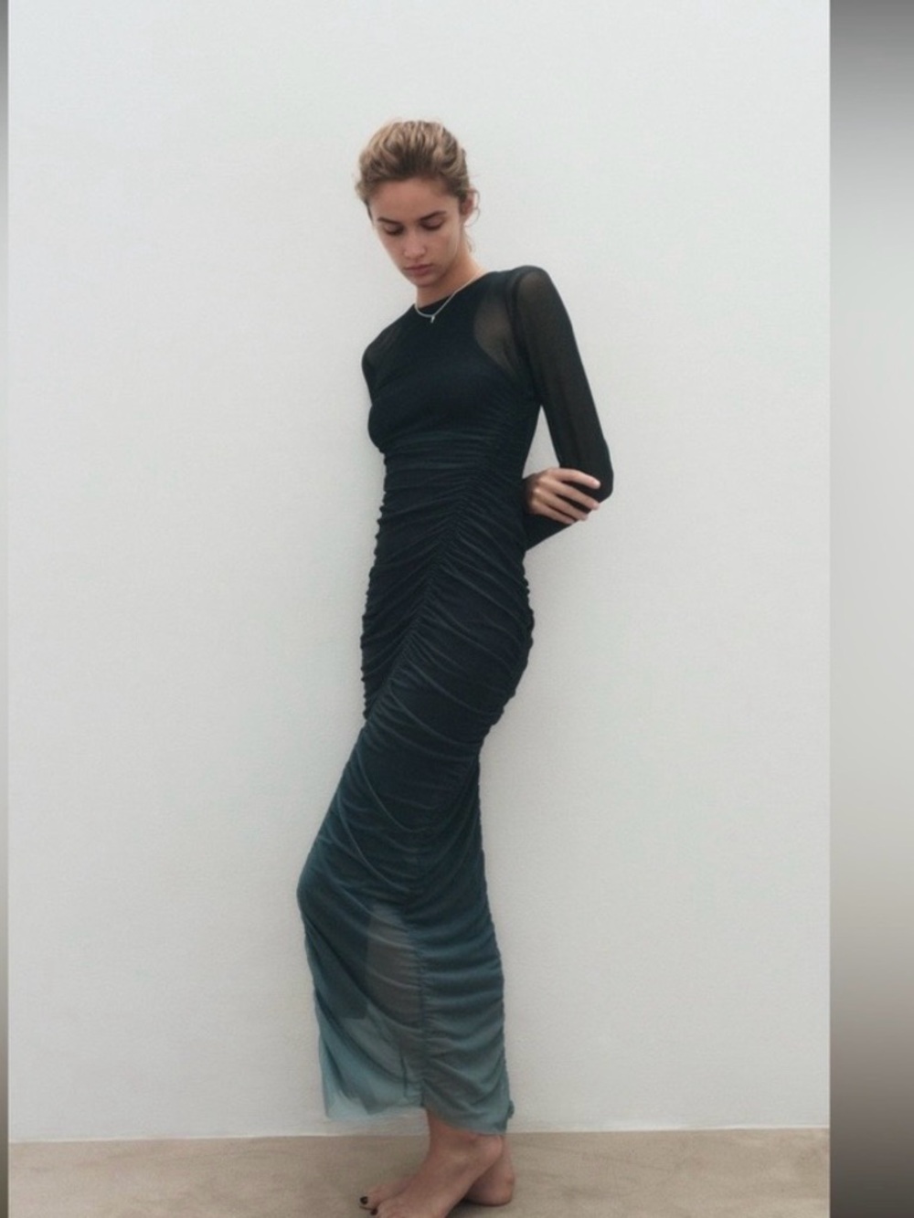 Zara Sheer Mesh Ombre Ruched Maxi Dress Size Medium - blue / gray
